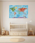 World Map Cartoon Animals Canvas Banner For Classrooms And Playrooms Kid Friendly Educational Wall Decor With Fun Animal Illustrations 30 By 20 Inch Durable Fabric Banner With Brass Grommets in nursery setting