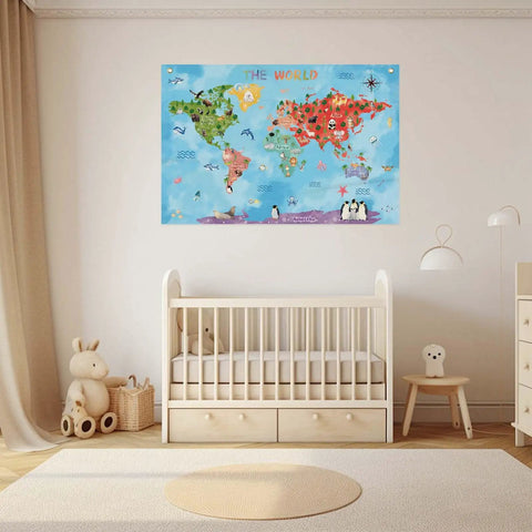 World Map Cartoon Animals Canvas Banner For Classrooms And Playrooms Kid Friendly Educational Wall Decor With Fun Animal Illustrations 30 By 20 Inch Durable Fabric Banner With Brass Grommets in nursery setting