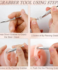 Steps showing the use of the 2 Pack Piercing Ball Grabber Tool For Changing Jewelry with anti slip 4 claw grip