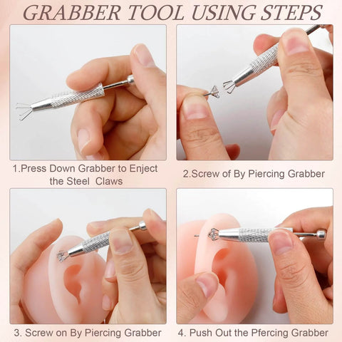 Steps showing the use of the 2 Pack Piercing Ball Grabber Tool For Changing Jewelry with anti slip 4 claw grip
