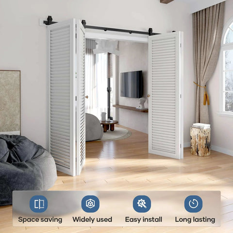 88 Inch Bifold Sliding Barn Door Hardware Track Kit For Four Closet Doors With Top Mount Rollers Smooth Quiet Operation Easy Install Black Finish Fits Four 21 Inch Wide Bi Folding Doors Hardware Only installed in living room