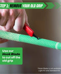 Person using hook blade to remove old golf grip, featured in All In One Golf Grip Regripping Kit For Home Use With Hook Blade 15 Or 30 Tape Strips 5 Or 8 Oz Solvent Grip Tape Remover Bench Vise And Rubber Clamp For Easy Club Overhaul.