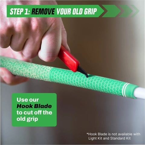 Person using hook blade to remove old golf grip, featured in All In One Golf Grip Regripping Kit For Home Use With Hook Blade 15 Or 30 Tape Strips 5 Or 8 Oz Solvent Grip Tape Remover Bench Vise And Rubber Clamp For Easy Club Overhaul.
