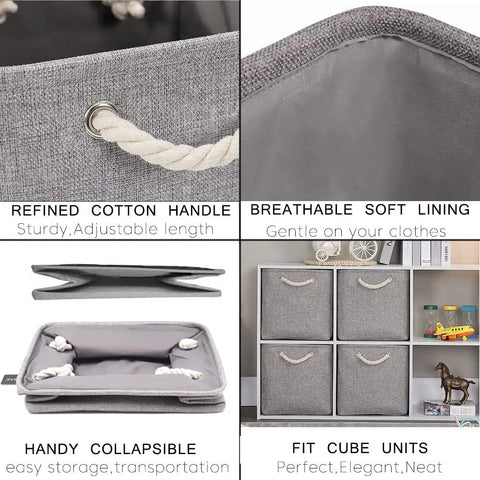 Hella Roomy Gray Fabric Cube Storage Boxes With Quick Fold Down Design For Closets And Shelving Units featuring refined cotton handles and collapsible design.