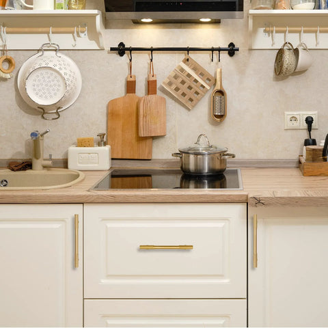Solid Brass Gold Cabinet Pulls Set Of 4 With 5 Inch Hole Centers For Modern Kitchen Cupboards, Drawers, Brushed Brass Finish
