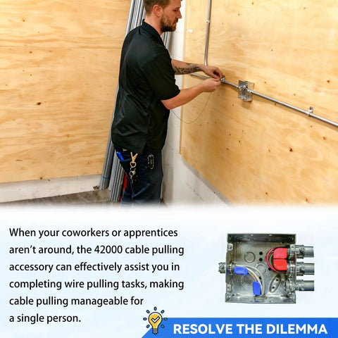 Man using Heavy Duty Conduit Wire Pulling Tool Set With 1/2, 3/4, And 1 Inch Cable Guides for electrical box installations.