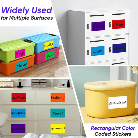 Big 5x3 Inch Blank Labels For Storage Bins, 240 Pack With 10 Colors Writable Organizing Labels applied on various surfaces