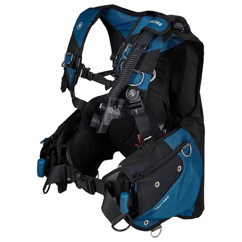Axiom Men's BCD Buoyancy Compensator with Wrapture Harness in black and blue showing shoulder swivel buckles and valve retention strap