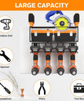 Two Set Power Tool Organizer Wall Mount System With 16 Inch Drill Holder And Screwdriver Rack Heavy Duty Garage Storage Shelf loaded with tools, showcasing large capacity.
