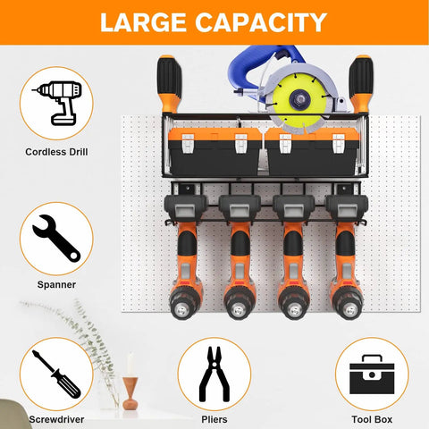 Two Set Power Tool Organizer Wall Mount System With 16 Inch Drill Holder And Screwdriver Rack Heavy Duty Garage Storage Shelf loaded with tools, showcasing large capacity.
