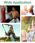 Collage showing applications for Heavy Duty Tree Swing Straps Kit 2200 Lb Capacity, 5 Ft Extra Long Straps With Safe Lock Carabiner Hooks.