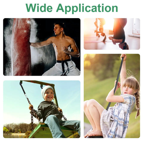 Collage showing applications for Heavy Duty Tree Swing Straps Kit 2200 Lb Capacity, 5 Ft Extra Long Straps With Safe Lock Carabiner Hooks.