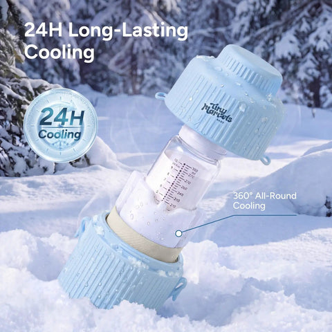 Mama Approved Portable Breast Milk Cooler With Two Bpa Free Feeding Bottles Keeps Little Ones Chilled On The Go No Sweat Travel Kit For Modern Working Parents in snow with visible cooling bottle.