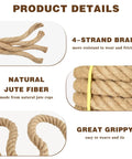 Thick 1.5 Inch Jute Rope 100 Ft Natural Hemp Manila Heavy Duty Twisted Rope details: 4-strand braid, natural fiber, grippy texture.