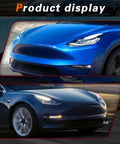 Heavy Duty LED Fog Light Kit For 2017 To 2022 Tesla Model 3 And 2019 To 2024 Model Y displayed on blue and gray vehicles.