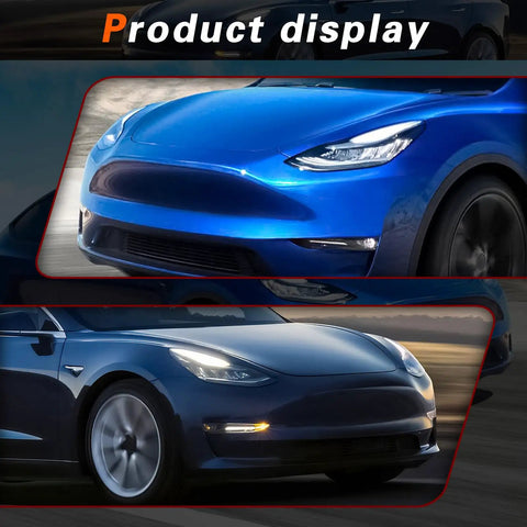 Heavy Duty LED Fog Light Kit For 2017 To 2022 Tesla Model 3 And 2019 To 2024 Model Y displayed on blue and gray vehicles.