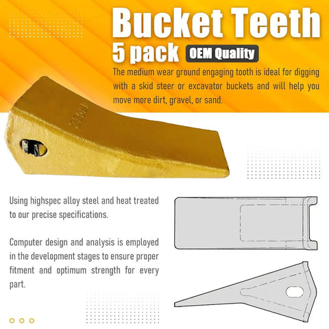Five Pack 230SP Backhoe Bucket Teeth With TF23P Flex Pins, yellow alloy steel teeth with diagram, for 23 and 230 series loaders
