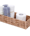 Must Have Woven Tissue Holder And Toilet Paper Organizer Box with towels and tissue on woven basket iron frame.