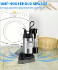 1.5 HP Submersible Sump Pump with 6000 GPH Flow, cast iron, steel, vertical float switch, operating in flooded laundry room