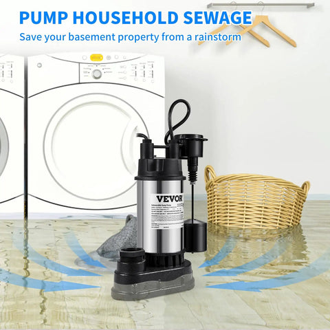 1.5 HP Submersible Sump Pump with 6000 GPH Flow, cast iron, steel, vertical float switch, operating in flooded laundry room