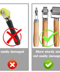 Comparison showing plastic roller with red X and Sound Deadening Roller Kit For Auto Noise Reduction Three Piece Pro Grade Set with green check.