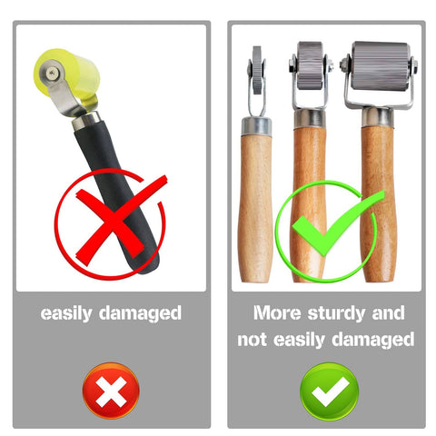 Comparison showing plastic roller with red X and Sound Deadening Roller Kit For Auto Noise Reduction Three Piece Pro Grade Set with green check.