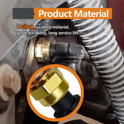 NOTISH engine coolant temperature sensor installed on engine hose; brass threaded fitting and black connector, side view