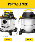 Front and back view of Beast Of A 5 Gallon Wet Dry Shop Vacuum With 4 Peak HP Motor Stainless Steel Tank Portable Vac Silver Yellow