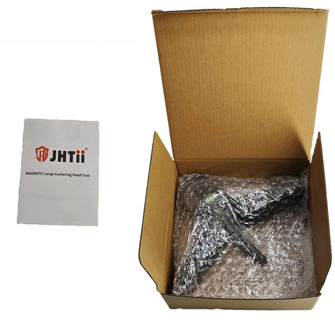 JHTii magnetic centering head tool inside open brown box, bubble-wrapped with instruction sheet