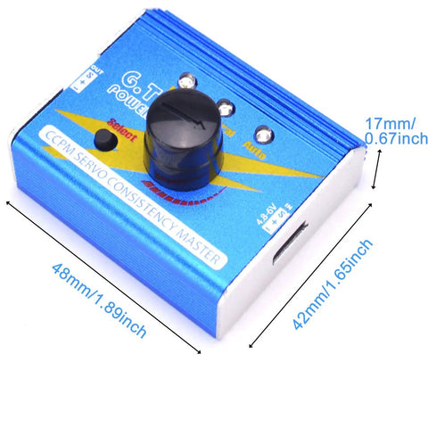 3 Channel Digital Servo Tester With Aluminum Shell for RC hobbyists, close-up of device with knob and dimensions shown.