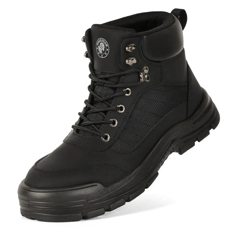 Steel Toe Work Boots For Men And Women Slip Resistant Puncture Proof Safety Shoes with microfiber upper in black color.