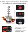 Multi Tier Chocolate Fondue Fountain With Steady Drip For House Parties And Buffets, featuring a digital control panel for temperature adjustment.