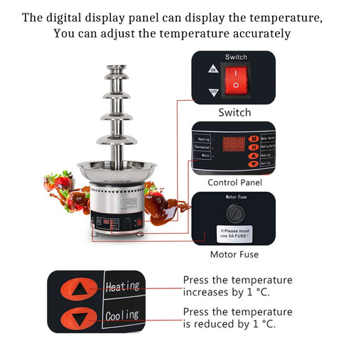 Multi Tier Chocolate Fondue Fountain With Steady Drip For House Parties And Buffets, featuring a digital control panel for temperature adjustment.