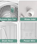 No Sweat Full Automatic Portable Washing Machine With Smart Drain Pump And Auto Water Control Compact Laundry Washer interior view with pulsator spin tub, water inlet, drain hose, and power wire.