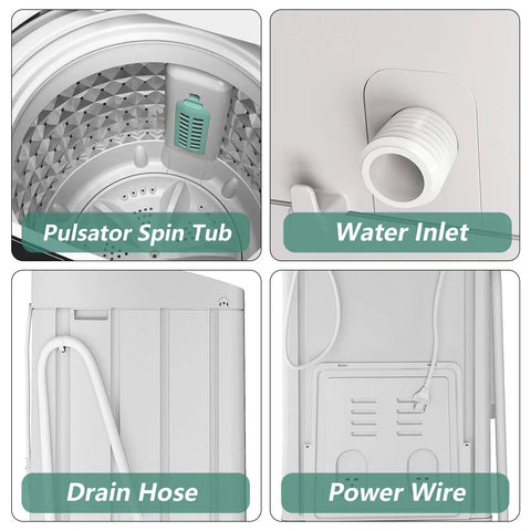 No Sweat Full Automatic Portable Washing Machine With Smart Drain Pump And Auto Water Control Compact Laundry Washer interior view with pulsator spin tub, water inlet, drain hose, and power wire.