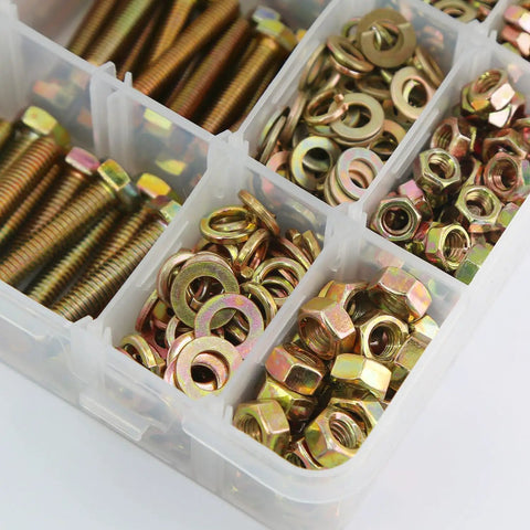 1000 Piece Grade 8.8 Hex Bolts And Nuts Assortment Kit With Flat Washers M4 M5 M6 Metric Hardware Set in storage compartments.