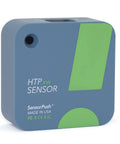 Front view of blue SensorPush HTP.xw temperature and humidity sensor with a green stripe.