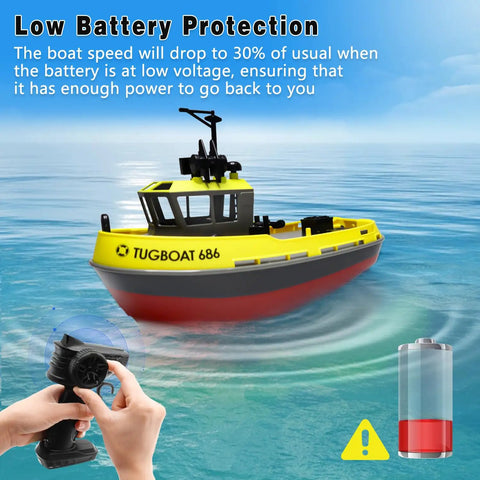 One To Seventy Two Scale RC Tugboat For Pools And Lakes, yellow tugboat with remote control and low battery warning symbol.
