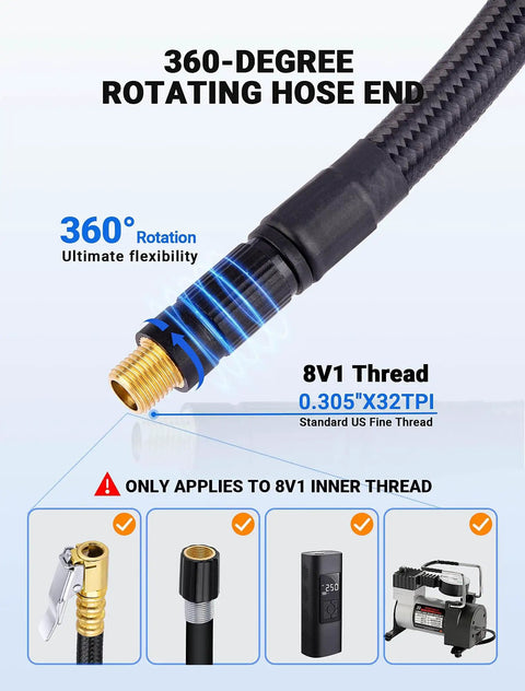 Upgraded Tire Inflator Hose Adapter With 360 Degree Rotating End 21 Inch Inflation Hose Self Locking Air Chuck For Quick Connect and Release shows flexible 8V1 thread with rotation feature for portable air compressor use.