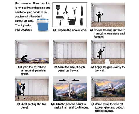 Installation steps for Epic Steam Train Wall Mural With 3D Mountain Landscape in living room, silk cloth wallpaper setup guide.