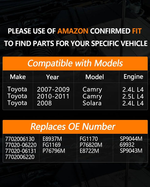 Chart showing compatibility of Plug And Play Electric Fuel Pump Module Assembly For Toyota Camry 2007-2011 and Solara 2008