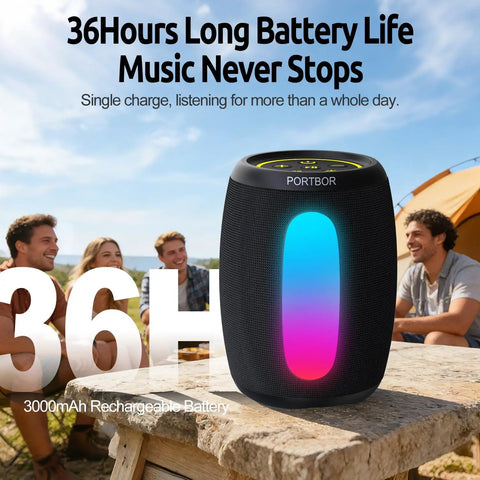 Portable Bluetooth Speaker With Loud Stereo Sound And Beastly Bass, 8 LED Light Modes, 36 Hours Playtime on outdoor table