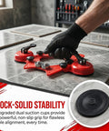 Person using Coated Tile Hole Saw Kit with Dual Suction Cup Guide on marble for precise drill alignment, 10-Piece Diamond Set.