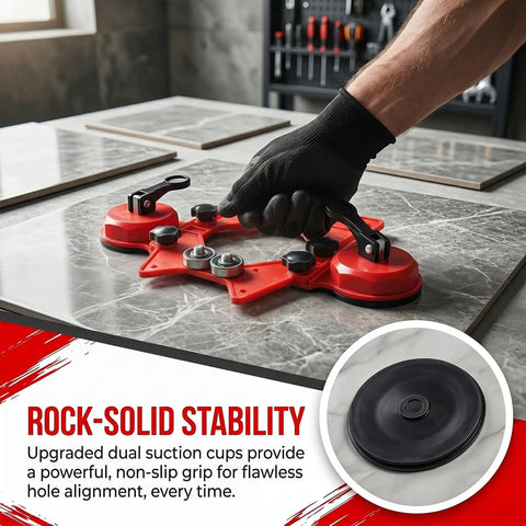 Person using Coated Tile Hole Saw Kit with Dual Suction Cup Guide on marble for precise drill alignment, 10-Piece Diamond Set.