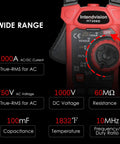 Inrush Clamp Meter 1000A True RMS AC DC Current Meter With VFD LOZ Mode 6000 Counts display close-up with measurement options