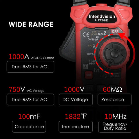 Inrush Clamp Meter 1000A True RMS AC DC Current Meter With VFD LOZ Mode 6000 Counts display close-up with measurement options