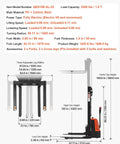VEVOR Full Electric Pallet Stacker With 3300 Lb Load Capacity And 130 In Max Lifting Height, dimensions and specifications overview.