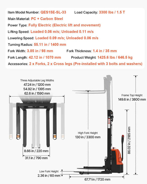 VEVOR Full Electric Pallet Stacker With 3300 Lb Load Capacity And 130 In Max Lifting Height, dimensions and specifications overview.