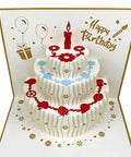 Akeydeco 3D pop-up birthday card: white multi-tier cake with red candle and blue floral accents