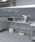 Rock Solid Heavy Duty Stainless Steel Work Table With Open Base Commercial Grade Metal Prep Bench For Restaurants Garages And Workshop Areas 84 Inch Long By 14 Inch Deep in a modern kitchen setup.